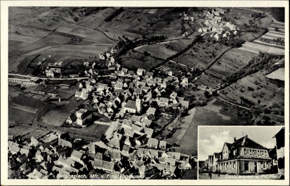 Postcard Burghaslach in Middle Franconia, aerial photograph over houses, textiles by Fr. Hauf