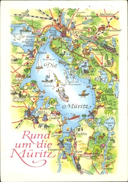 Postcard Waren an der Müritz, map with a map of the Müritz region, surrounding towns, nature and...