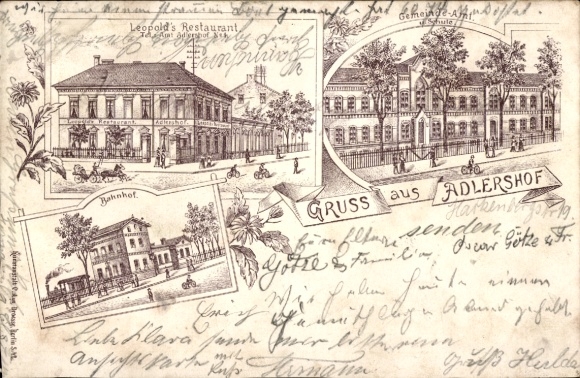Postcard Berlin Treptow Adlershof, Leopold's Restaurant, train station, school, nmotiv, greetings from Adlershof