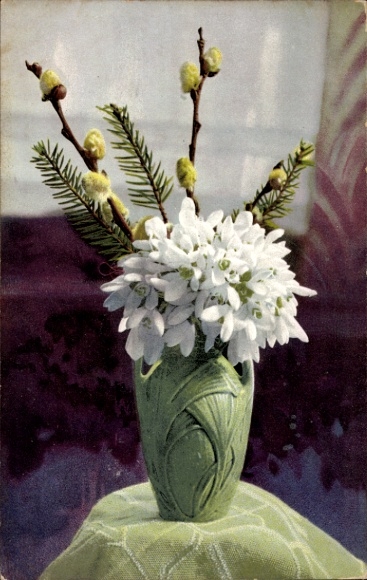 Postcard Photochromie, Flower Vase with Snowdrops and Pussy Willows