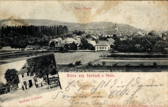 Postcard Sasbach am Rhein, Gasthaus zum Löwen, beer wagon, general view