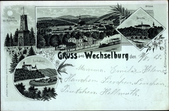 Chromo-Litho Wechselburg in Saxony, Rochlitz tower, Rochsburg, bridge, train station