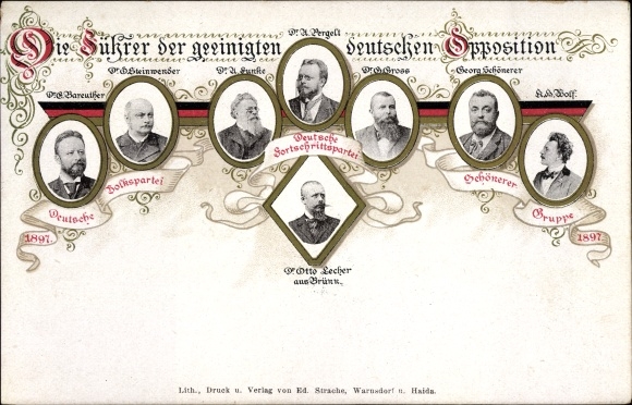 Postcard leaders of the unified German opposition, German Progressive Party, Otto Lecher, Pergelt, Gross