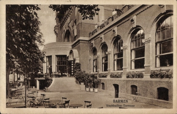 Postcard Barmen Wuppertal, town hall, terrace, building, plants, chairs