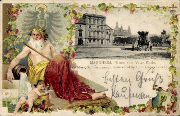 Embossed Passepartout PC Mannheim, Father Rhine, Water Tower with Fountain