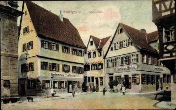 Postcard Bönnigheim in the district of Ludwigsburg, marketplace, Christian Bechtel shop, Paul Rücker restoration