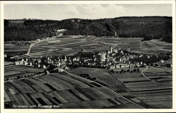 Postcard Dürbheim in Württemberg, aerial photograph of rural landscape, field structures