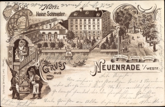 Chromo-Litho Neuenrade in Sauerland, hotel, wall with Kaiser Wilhelm I monument, dwarfs