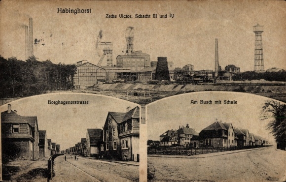Ak Habinghorst Castrop Rauxel Ruhrgebiet, Zeche Victor, Schacht III und IV, Borghagener Str., Schule
