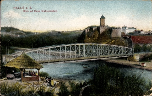 Postcard Giebichenstein Halle an der Saale, view of Giebichenstein ruins, bridge, river, nature