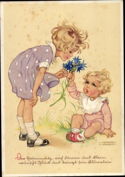 Artist PC Lungershausen, Ilse Wende, blue flower, two girls