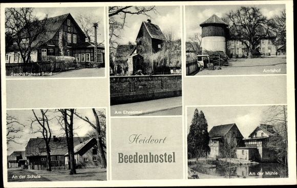 Postcard Beedenbostel in Lower Saxony, official courtyard, memorial, mill, school, farmstead