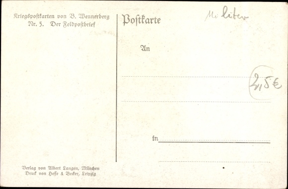 Kunstenaar ansichtkaart Wennerberg, Bruno, De veldpostbrief, vrouw, postbode