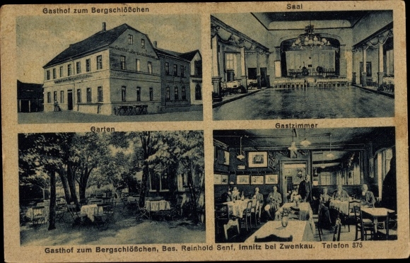 Postcard Imnitz Zwenkau in Saxony, Gasthof zum Bergschlösschen, owner Reinhold Senf, hall, garden, guests