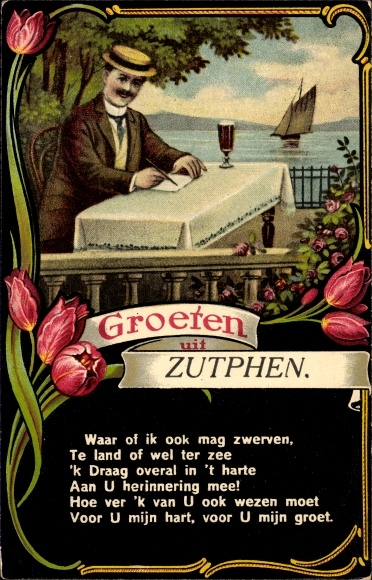 Poem Passepartout Postcard Zutphen Gelderland, greetings from, man writes a letter