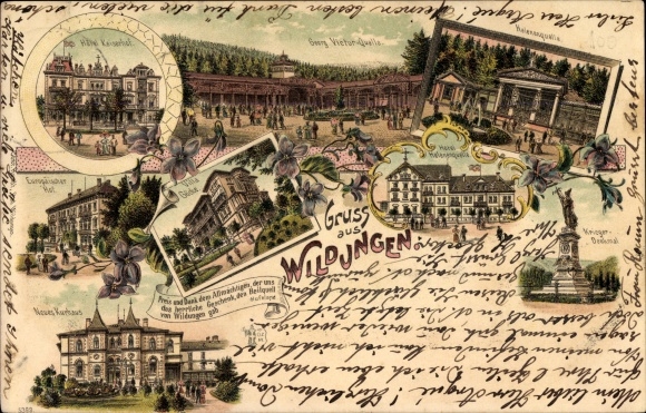 Chromo-Litho Bad Wildungen in northern Hesse, monument, Hotel Kaiserhof, source, Kurhaus, Europäischer Hof