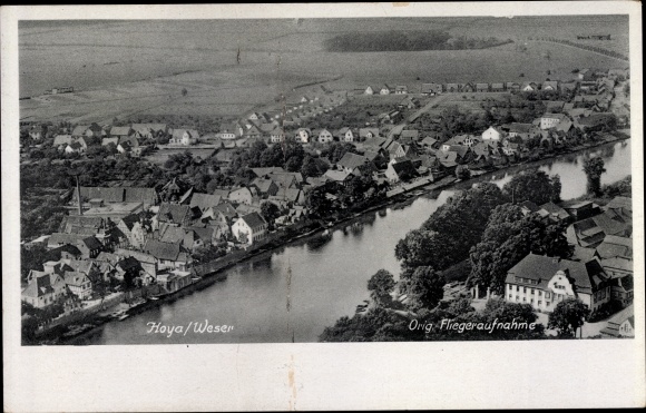 Postcard Hoya on the Weser, total view of the village, aerial photograph