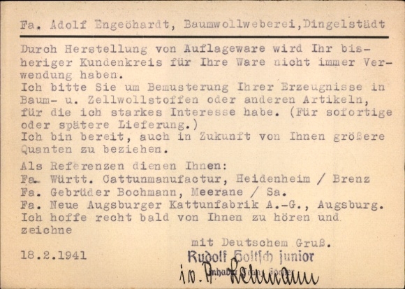 Ak Dingelstädt im Eichsfeld Thüringen, Baumwollweberei, Geschäftsanfrage, Referenzen, Datum: 18.2