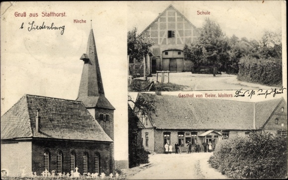 Postcard Staffhorst in Lower Saxony, church, school, inn by Heinr. Wolters