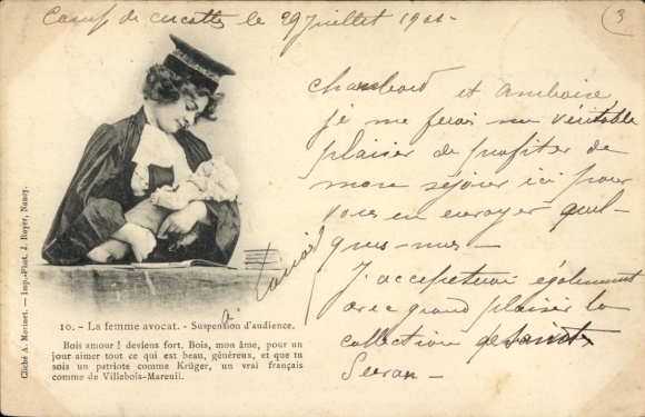 Postcard lawyer with baby, court hearing, emancipation