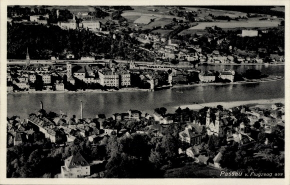 Postcard Passau in Lower Bavaria, total view of the town, aerial photograph