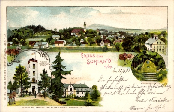 Litho Sohland an der Spree Lausitz, Panorama, Schloss, Prinz Friedrich August Turm, Bismarckstein