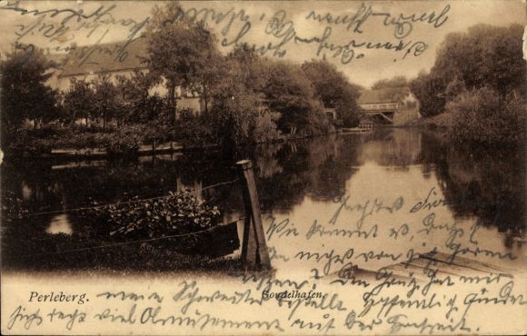 Picture of Perleberg in the Prignitz region, landscape with river, boat, surrounding vegetation, historical atmosphere...