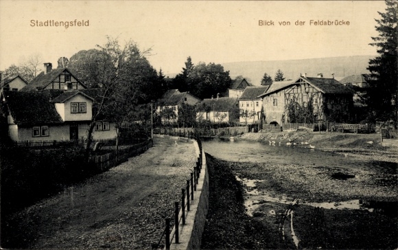 Postcard Stadtlengsfeld in the Rhön Thuringia, view from the Felda bridge, houses, river, landscape