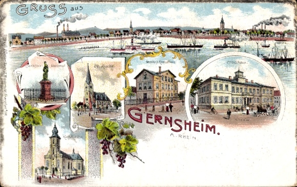 Litho Gernsheim am Rhein Hessen, Denkmal, Kirche, Stadthaus, Panorama