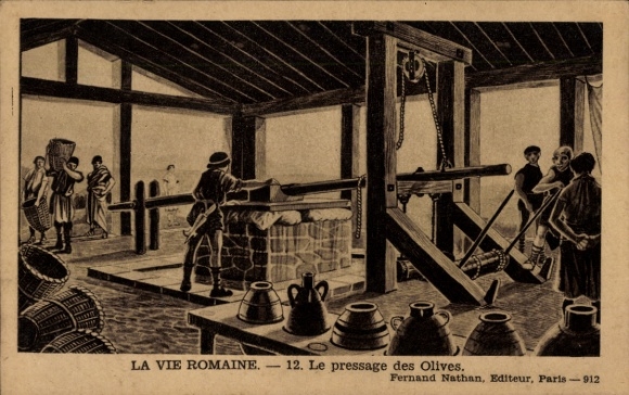 Postcard Roman life, men in an ancient olive press
