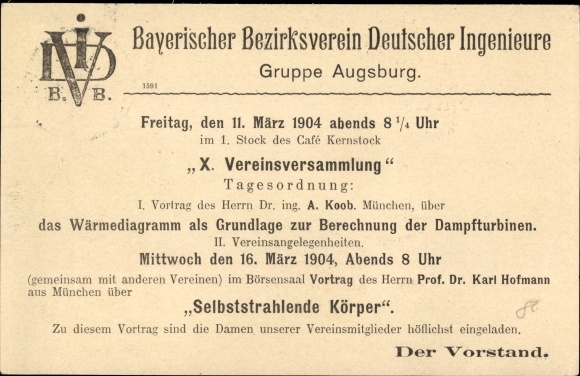 Postcard Augsburg in Swabia, district association of German engineers, lecture in the Cafe Kernstock