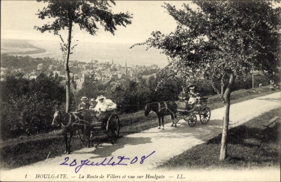 Ak Houlgate Calvados, Zwei Kutschen, Reiter, Straße mit Bäumen, Blick auf Houlgate