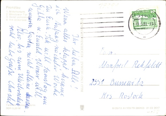 Postcard Prenzlau in the Uckermark, front: four views of towers, historical buildings, shore