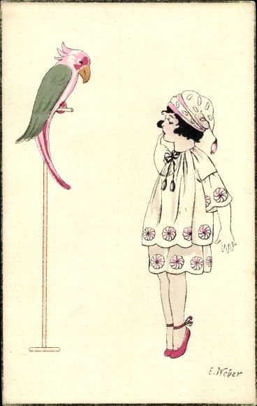 Artist Postcard Weber, E., girl standing on tiptoes, parrot, NPG A 1002/6