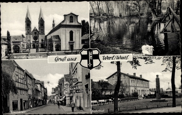 Ak Werl in Westfalen, bedevaartsbasiliek, treinstation, kuurpark, Steinerstrasse, reclame Opel, wapenschild