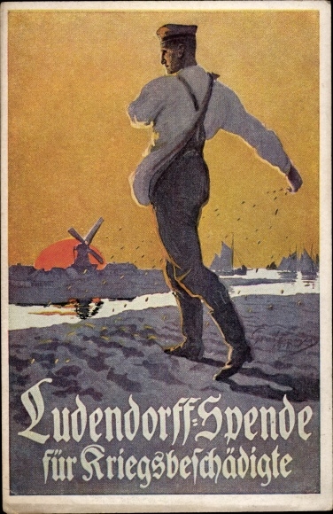 Artist PC Ludendorff donation for war invalids, sowers, veterans at field work, I. WK