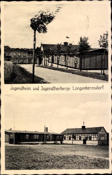 Ak Langenbernsdorf bei Werdau, Jugendheim und Jugendherberge, Turnhalle, Sportplatz