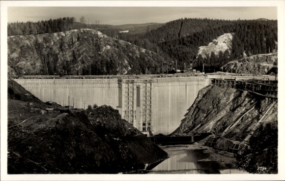 Postcard Saale Orla Kreis, construction of the Bleiloch Dam