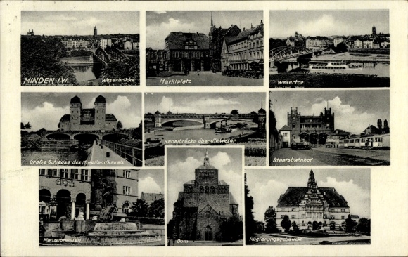 Postcard Minden in Westphalia, state railway station, canal bridge, lock, cathedral, Wesertor, market square