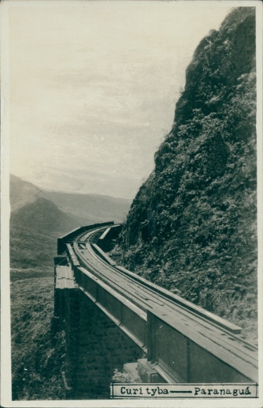 Photo Postcard Curitiba Brazil, Paranagua, railway bridge, hillside, mountain