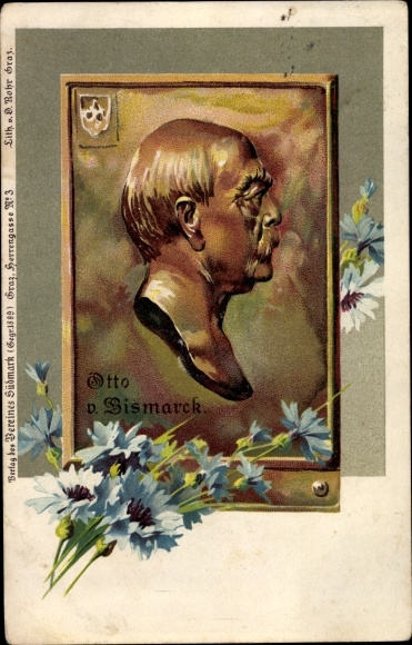 Chromo-Litho of Prince Otto von Bismarck, portrait, cornflowers