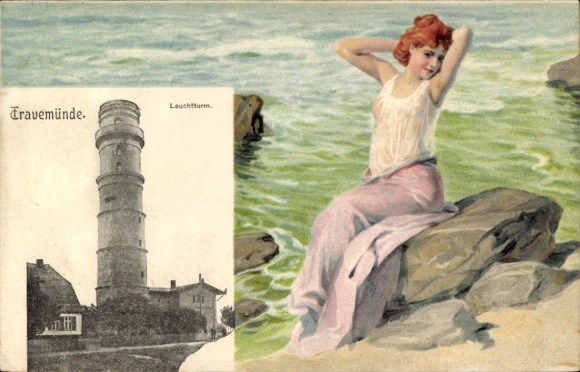 Passepartout Ak Ostseebad Travemünde Lübeck, Leuchtturm, Frau auf Felsen am Strand