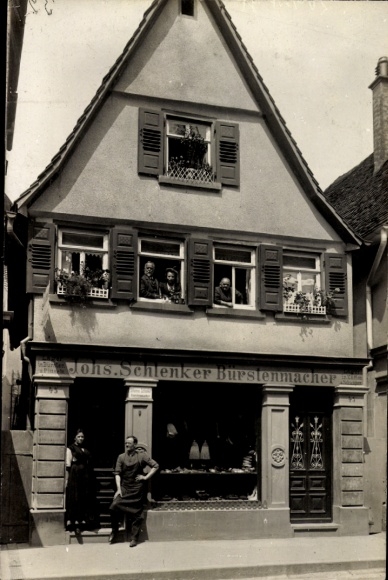 Photo Postcard Germany, shop Johannes Schlenker, brush maker, house number 45