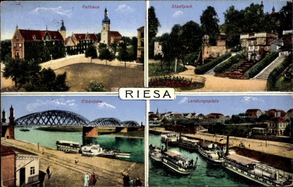 Ak Riesa an der Elbe Sachsen, Rathaus, Elbbrücke, Stadtpark, Landungsplatz