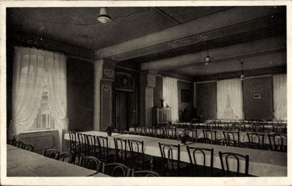 Postcard Werdau in Saxony, dining room, Teichwolframsdorf recreation center, tables, chairs, window with Vo