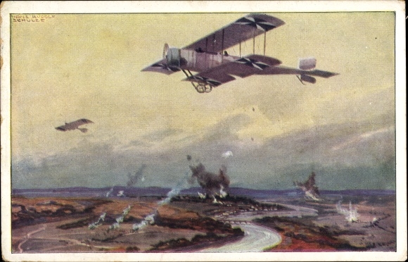 Artist PC Schulze, Hans Rudolf, military biplane on reconnaissance flight on the Marne, I. WW