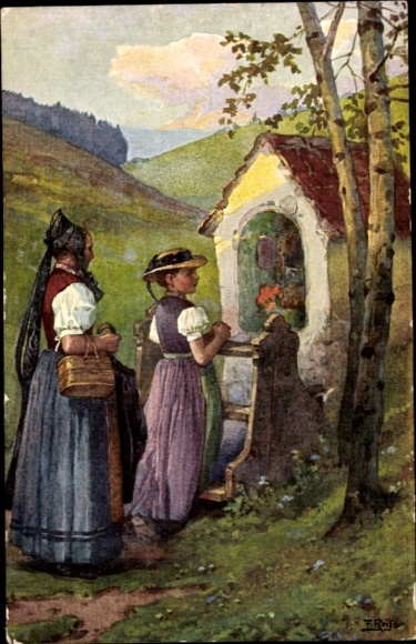 Künstler Ak Reiss, Fritz, Schwarzwälder Leben, Frauen in Trachten, Kapelle,Gebet
