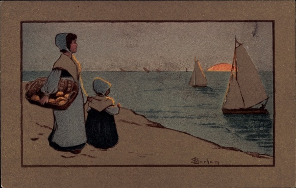 Artist Postcard Barham, S., woman and child on the shore, sailing boats, basket
