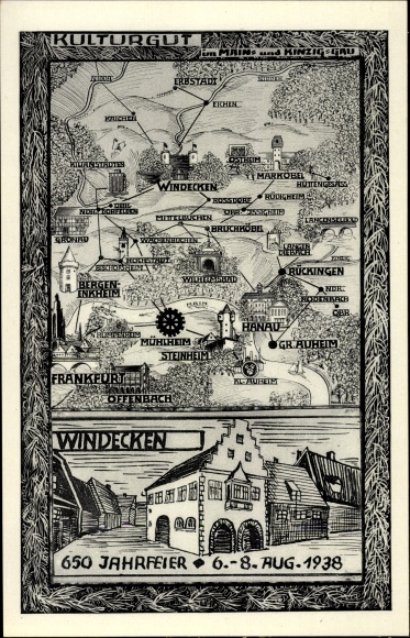Maps PC Windecken Nidderau in Hesse, 650th anniversary 1938, cultural assets in the Main and Kinzig Gau