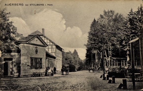 Postcard Stolberg in the Harz, Großer Auerberg, Josephshöhe, Auerberg, buildings, trees, landscape, horses,